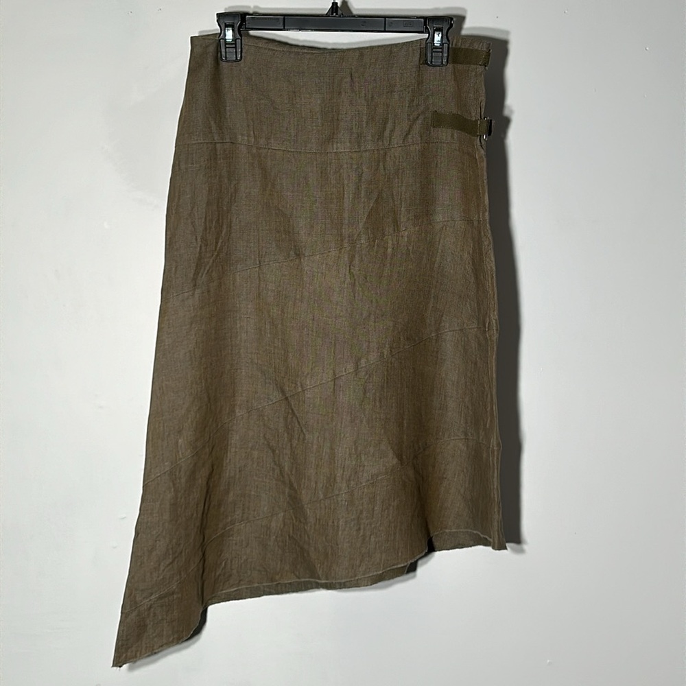 Sandro Asymmetrical Linen Blend Skirt in Olive-Tan - Picture 4 of 7